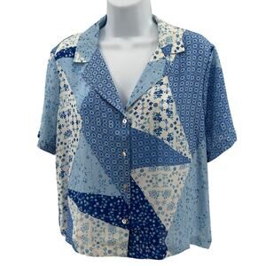 Rose + Olive Shirt Sz M Light Blue White Floral Patchwork Button Up Short Sleeve